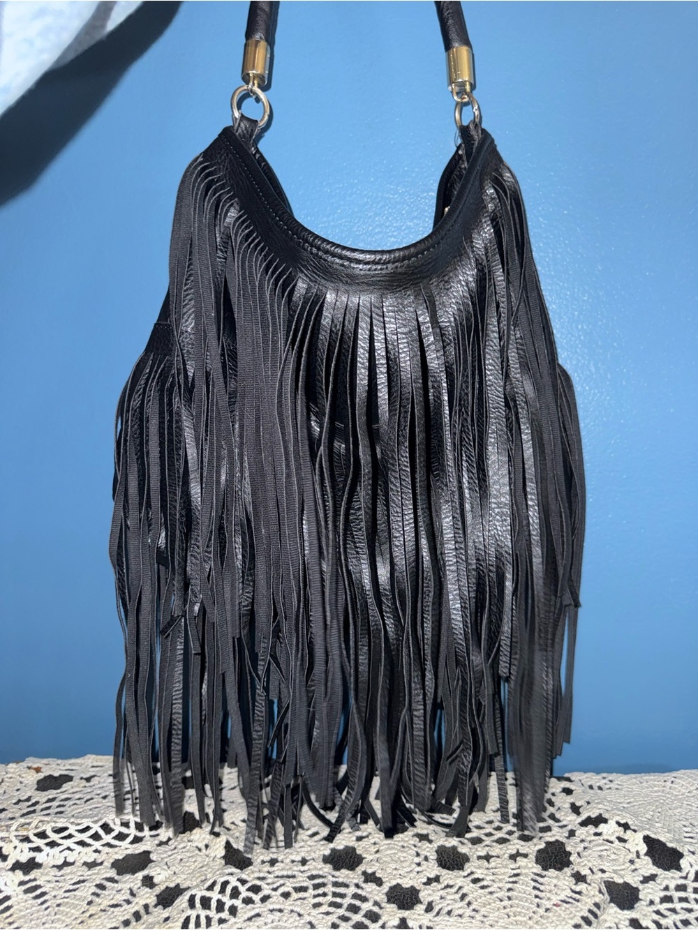 Black Fringe Shoulder Bag with Gold Hardware